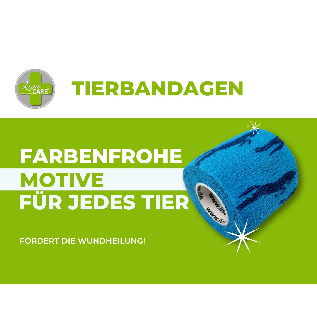 Rolle selbsthaftendes Verbandmaterial mit blauem Hintergrund und schwarzen Pferden.