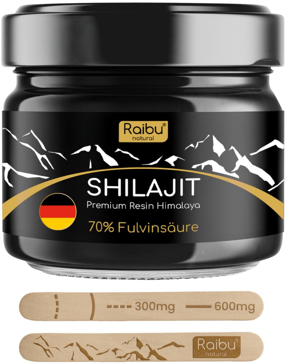 Schwarzes Glas mit Shilajit-Harz, Dosierlöffel. Etikett mit Logo, Text und Deutschland-Flagge. 70% Fulvinsäure.