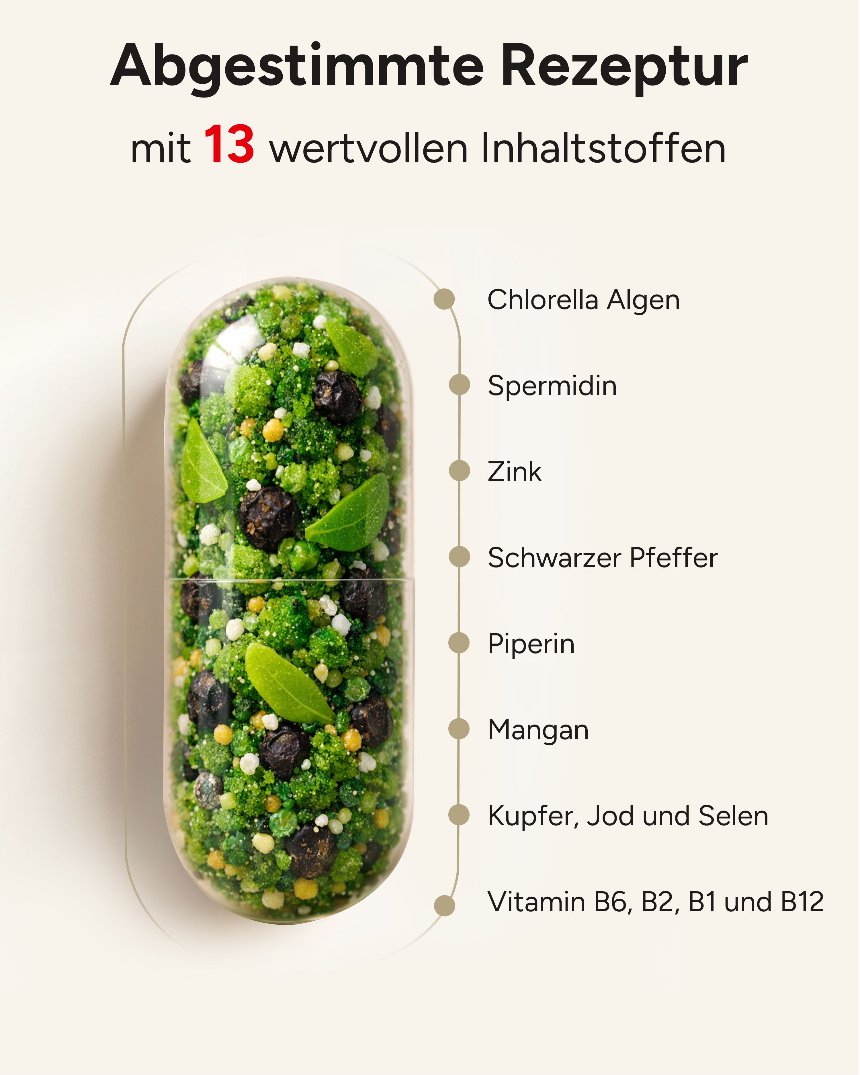 Kapsel mit 13 Inhaltsstoffen, darunter Chlorella-Algen, Spermidin, Zink, schwarzer Pfeffer, Piperin, Mangan, Kupfer, Jod, Selen und Vitamine.