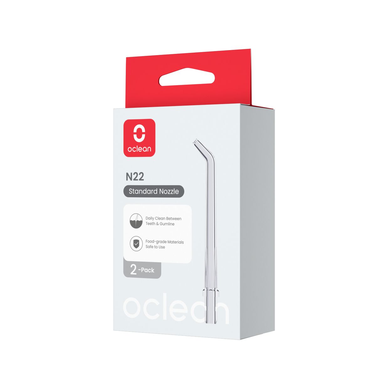 Verpackung mit Oclean N22 Standard-Düse. 2er-Pack. Text: Daily Clean Between Teeth & Gums. Lebensmittelgeeignete Materialien.