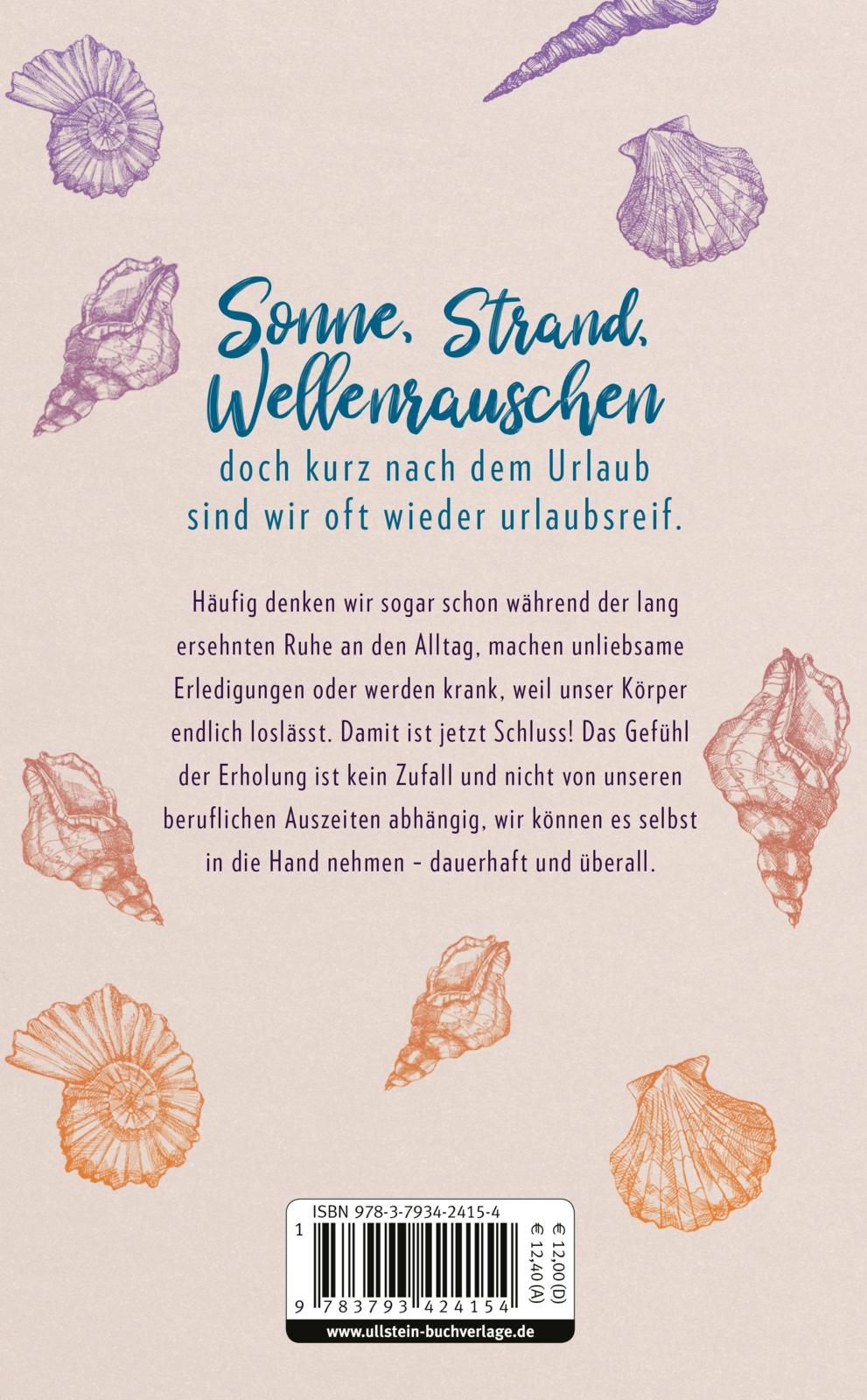 Buchrückseite mit Text. Titel: "Sonne, Strand, Wellenrauschen". ISBN-Code und Preis. Illustrationen von Muscheln.