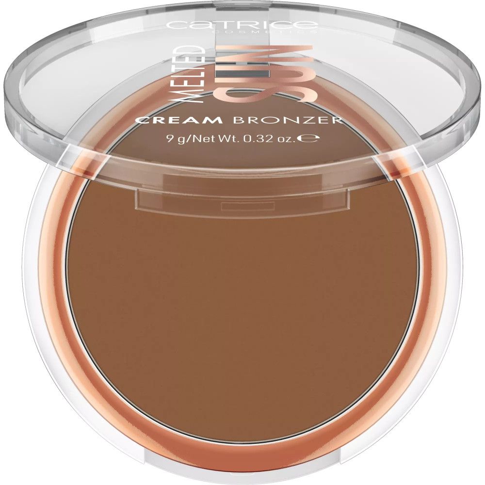 Offene, transparente Dose mit braunem Creme-Bronzer. Aufschrift: MELTED SUN, CREAM BRONZER, CATRICE COSMETICS.