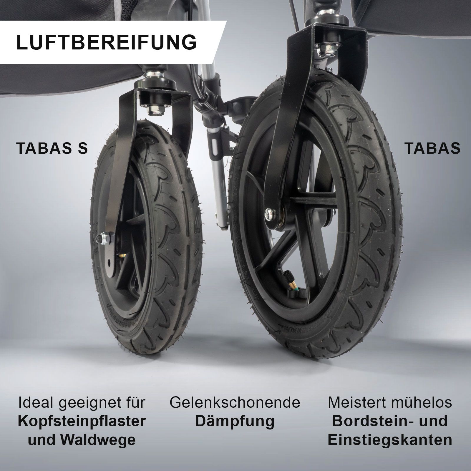 Nahaufnahme der Rollator-Räder. Text: Luftbereifung, TABAS S, ideal für Kopfsteinpflaster, gelenkschonende Dämpfung.