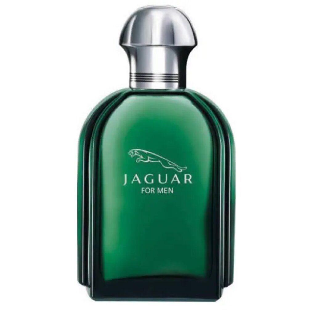 Grüne Glasflasche mit silbernem Deckel. Aufschrift: Jaguar For Men. Logo: springender Jaguar.