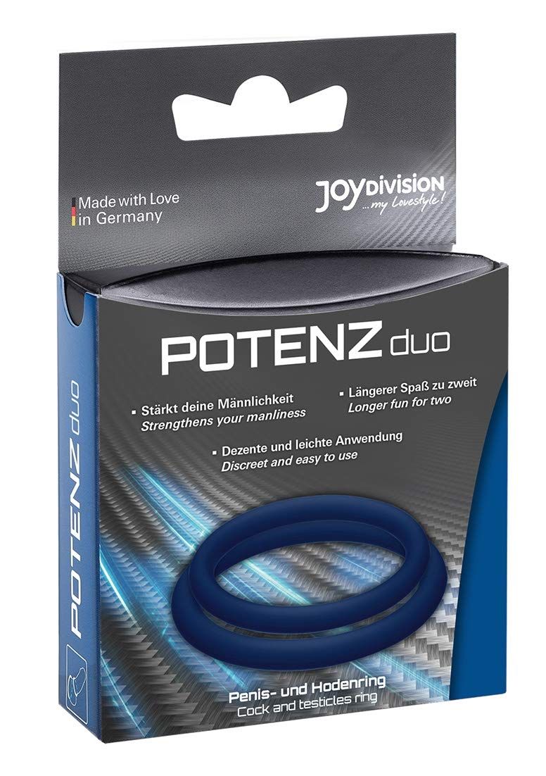 Zwei blaue Penis- und Hodenringe aus Silikon in einer Verpackung. Hergestellt in Deutschland.