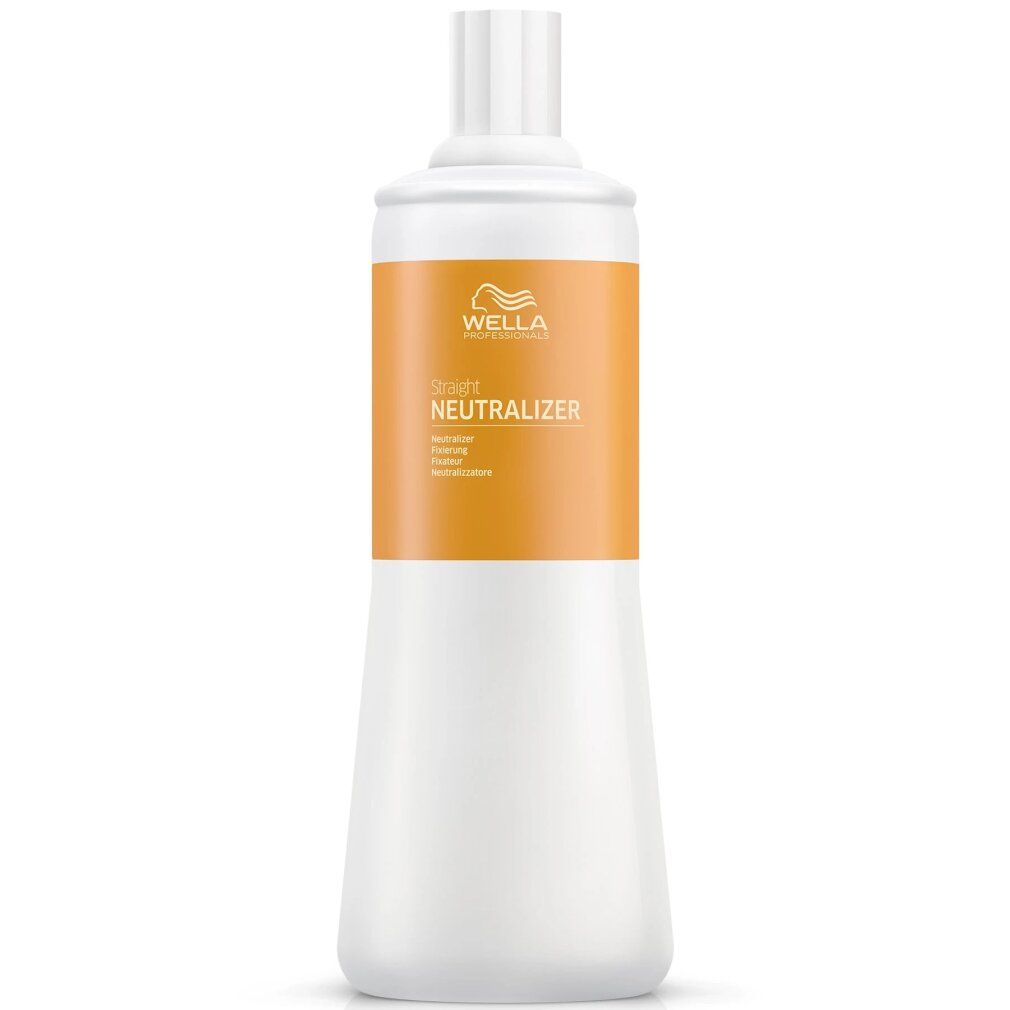 Weißer Flakon mit orangefarbenem Band. Aufschrift: Wella Straight Neutralizer.