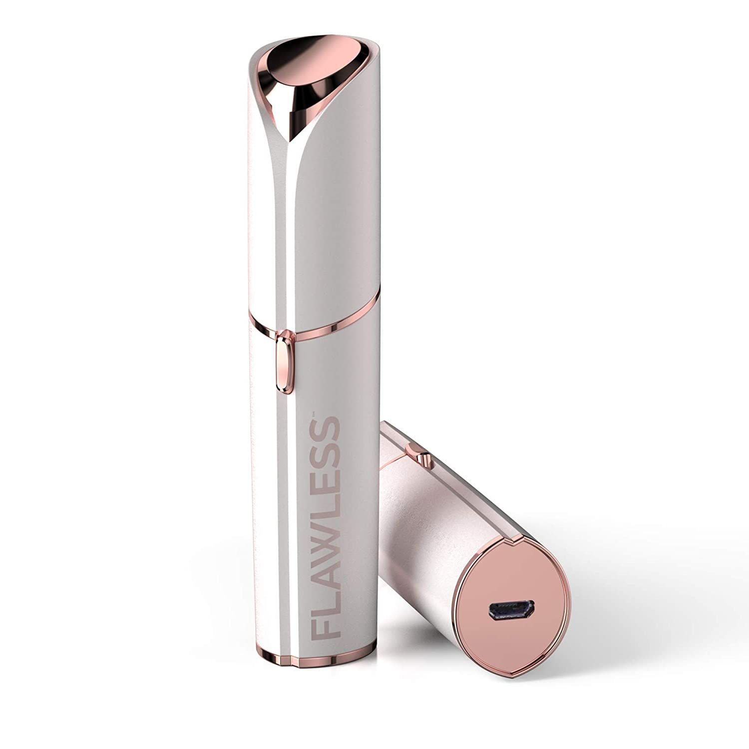 Weißer, roségoldfarbener Haarentferner. Mit "FLAWLESS" Schriftzug. USB-Anschluss unten.