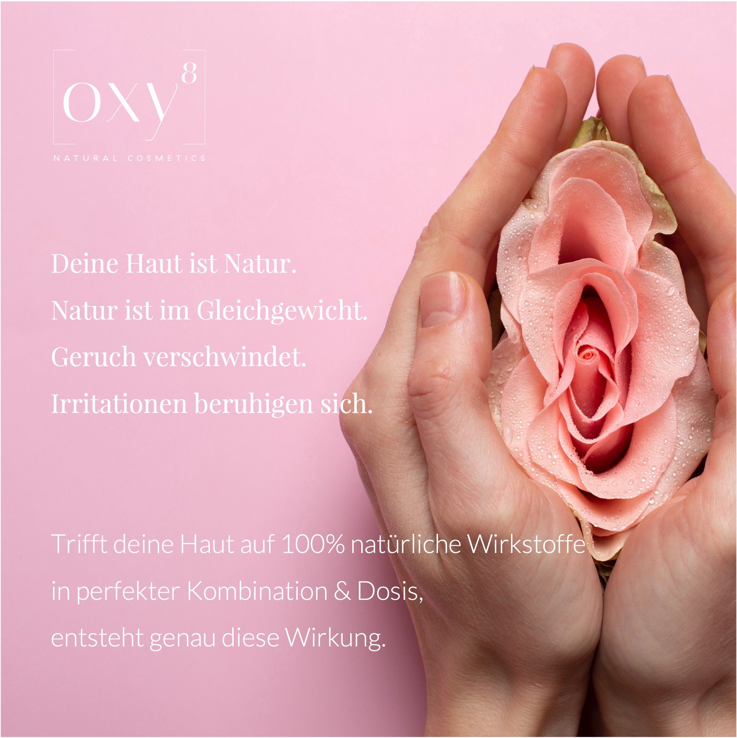 Hände halten Rose. Text. Vegan- und Bio-Siegel.