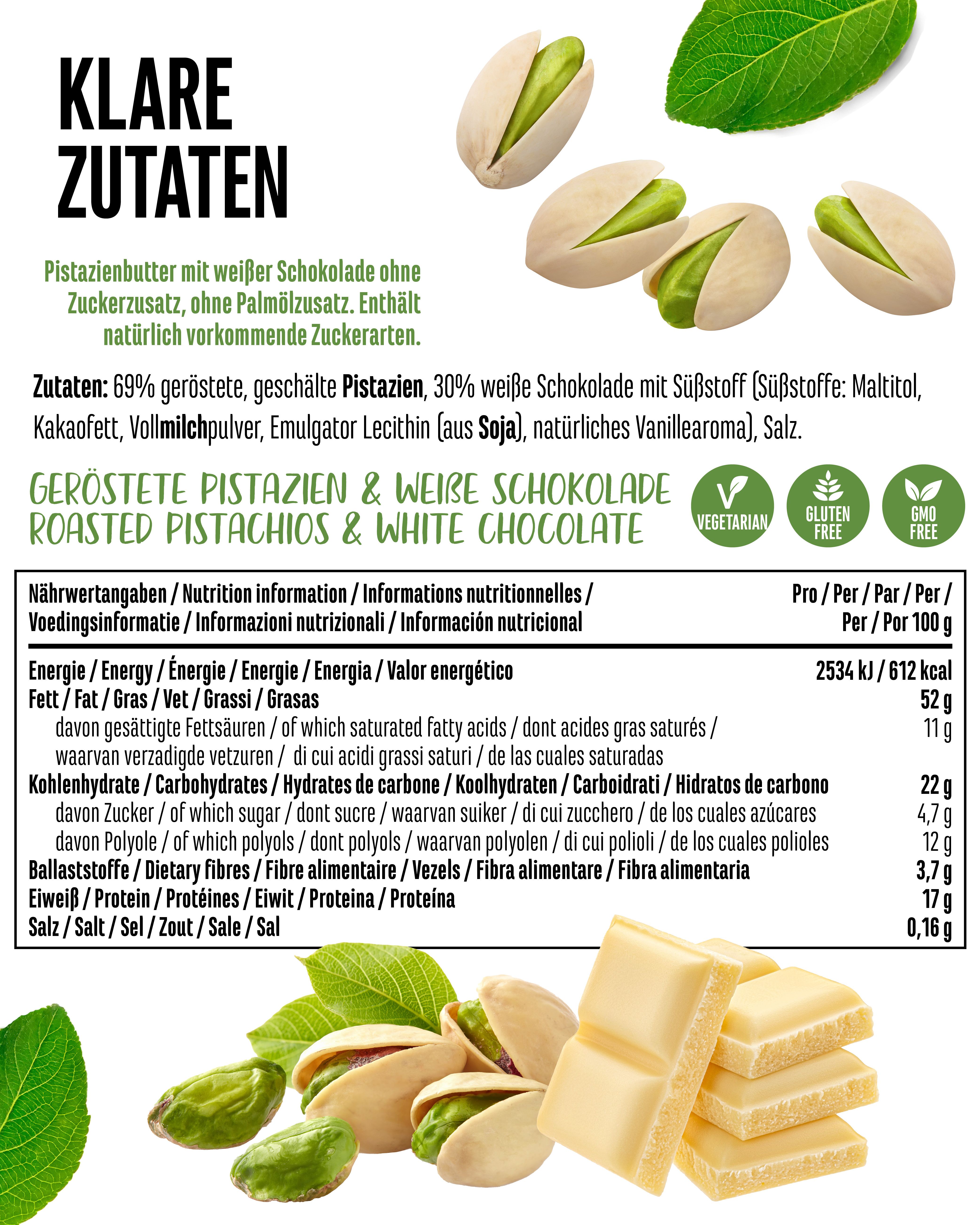 Nährwertangaben und Zutatenliste für Pistazien-Creme mit weißer Schokolade. Pistazien, Schokoladenstücke und grüne Blätter.