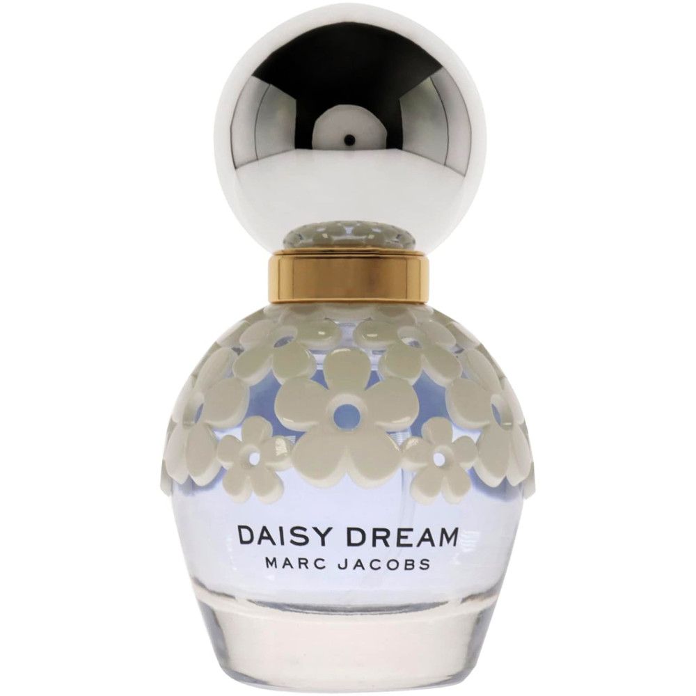 Parfümflakon mit silbernem Deckel und blumigem Design. Produktname und Logo auf dem Flakon. Glasflakon.