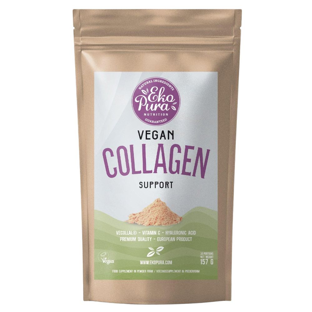 Beutel mit Aufschrift Vegan Collagen Support. Pulverhaufen. Logo und Text. Gewicht: 157 g.