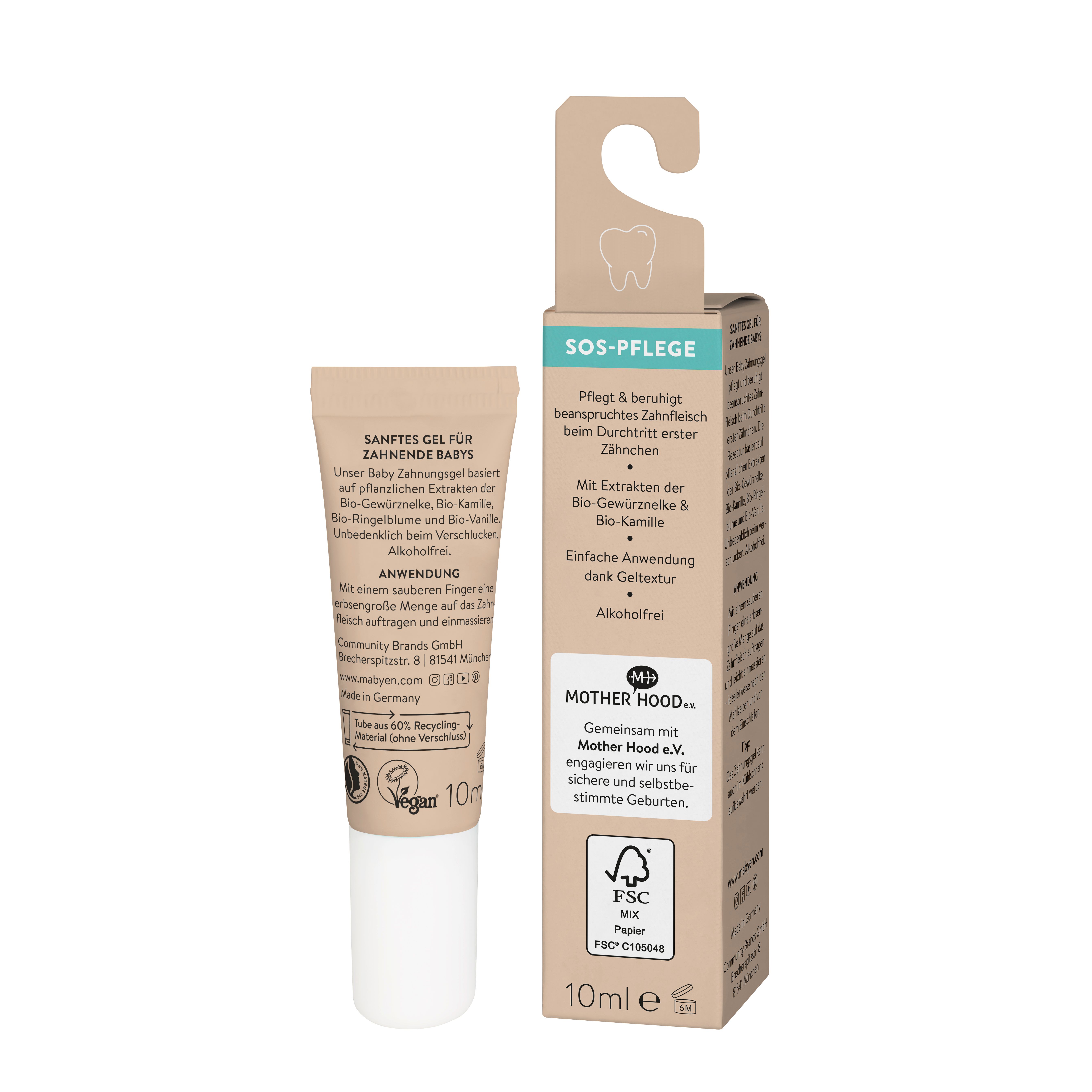 Rückseite der Zahnungsgel-Verpackung. Text mit Inhaltsstoffen, Vegan-Logo, FSC-Zertifizierung und 10ml-Angabe.