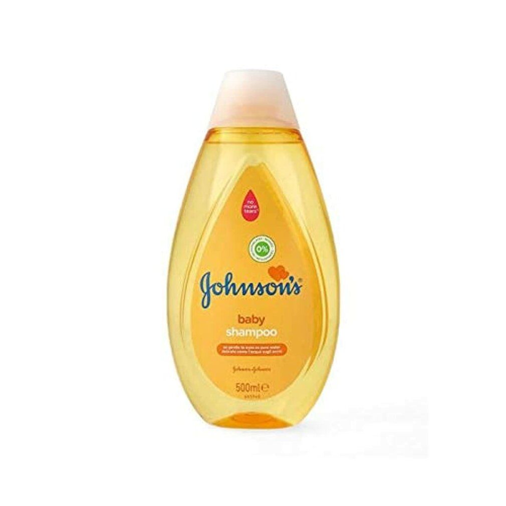 Gelbe Flasche mit weißem Deckel. Aufschrift: Johnson's baby shampoo. Produktname und Logo sichtbar. Inhalt: 500ml.