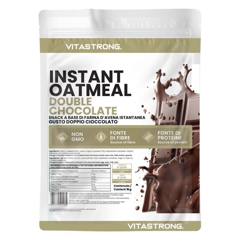 Beutel Instant Oatmeal Double Choco. Text: Vitastrong, Non GMO, Quelle für Ballaststoffe, Proteinquelle. Schokoladen-Illustration.