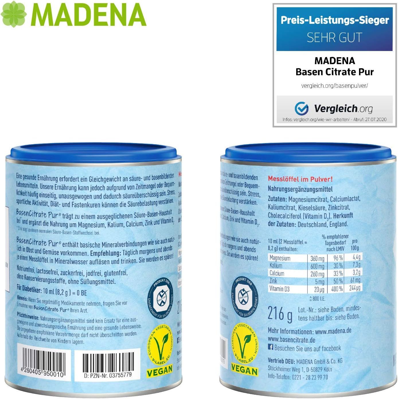 Zwei Ansichten der Dose MADENA Basen Citrate Pur. Auf der Dose sind Inhaltsstoffe und Nährwertangaben sowie das Vegan-Siegel abgebildet.