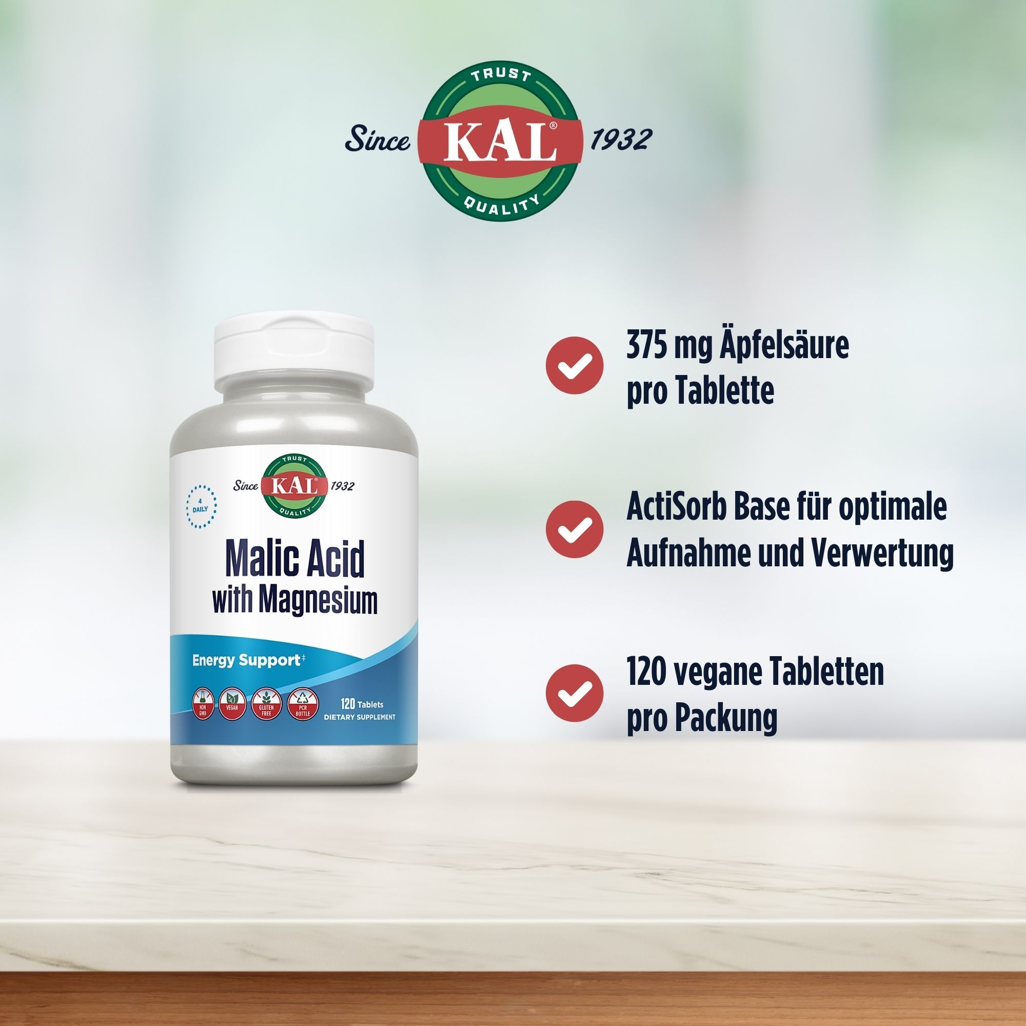 Eine Flasche KAL Malic Acid mit Magnesium. Aufschrift: Malic Acid with Magnesium, Energy Support. 120 Tabletten. 375 mg Apfelsäure pro Tablette.