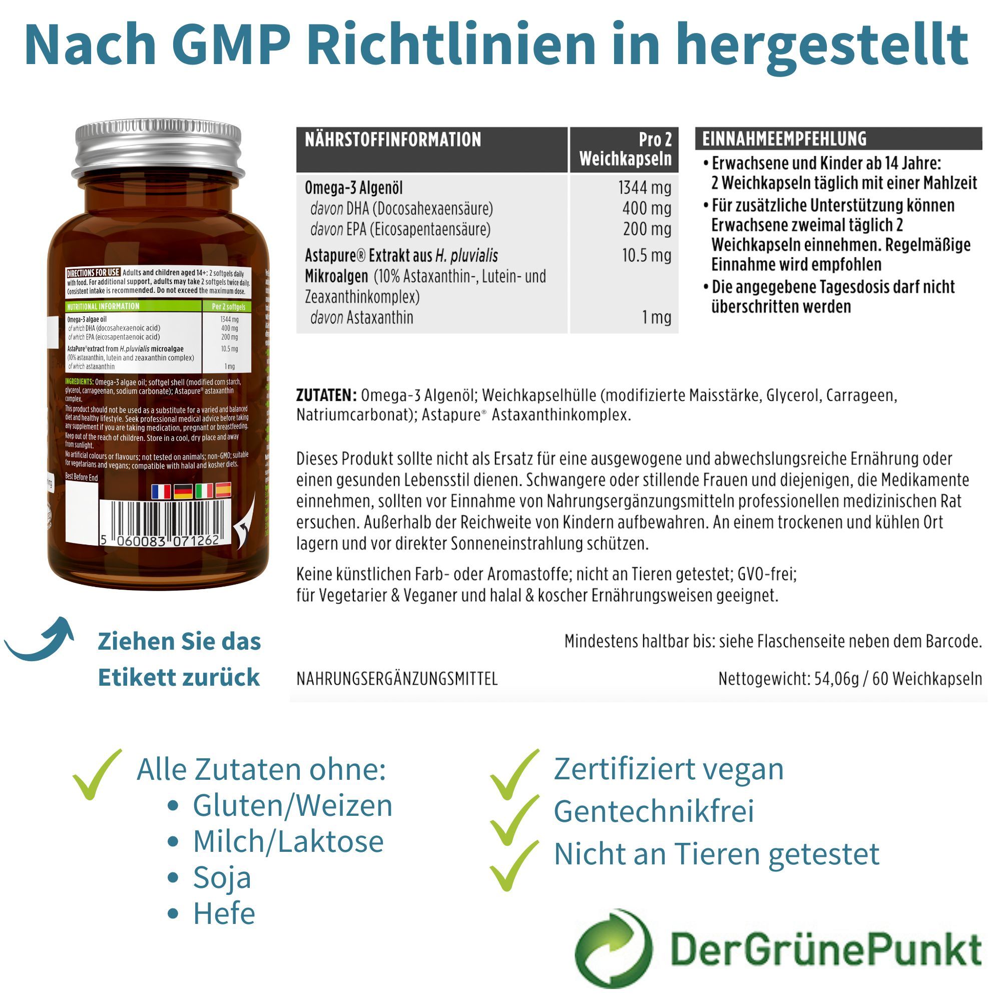 Rückseite einer Flasche mit Nährwertangaben und Inhaltsstoffen. Text: Nach GMP Richtlinien. Alle Zutaten ohne: Gluten/Weizen, Milch/Laktose, Soja, Hefe.