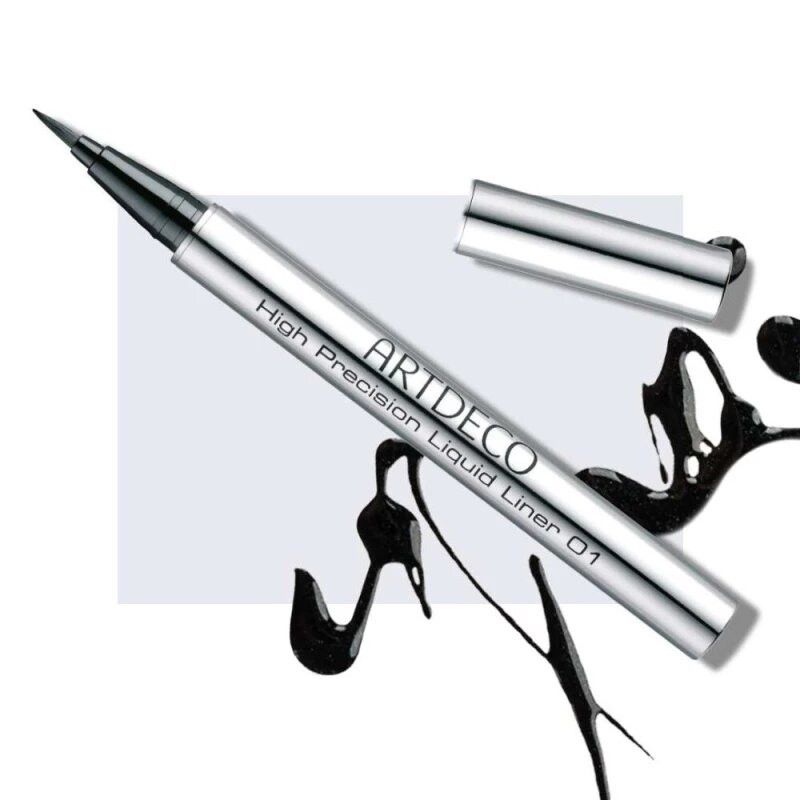 ARTDECO High Precision Liquid Liner 01 in silberner Hülse mit aufgesetztem Deckel und schwarzer Flüssigkeit.