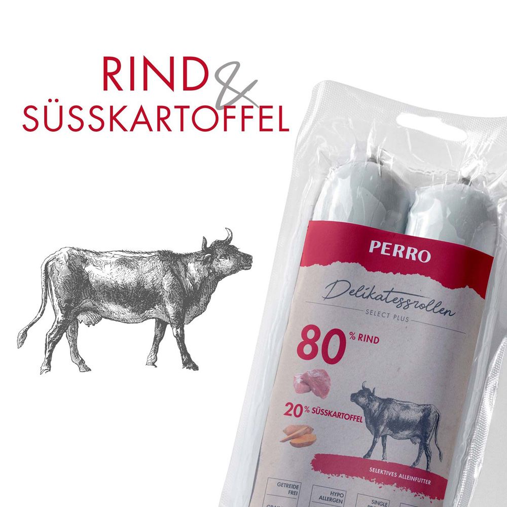 Verpackung mit zwei Rollen. Aufdruck: PERRO Delikatessrollen, 80% Rind, 20% Süßkartoffel, Abbildung eines Rinds.