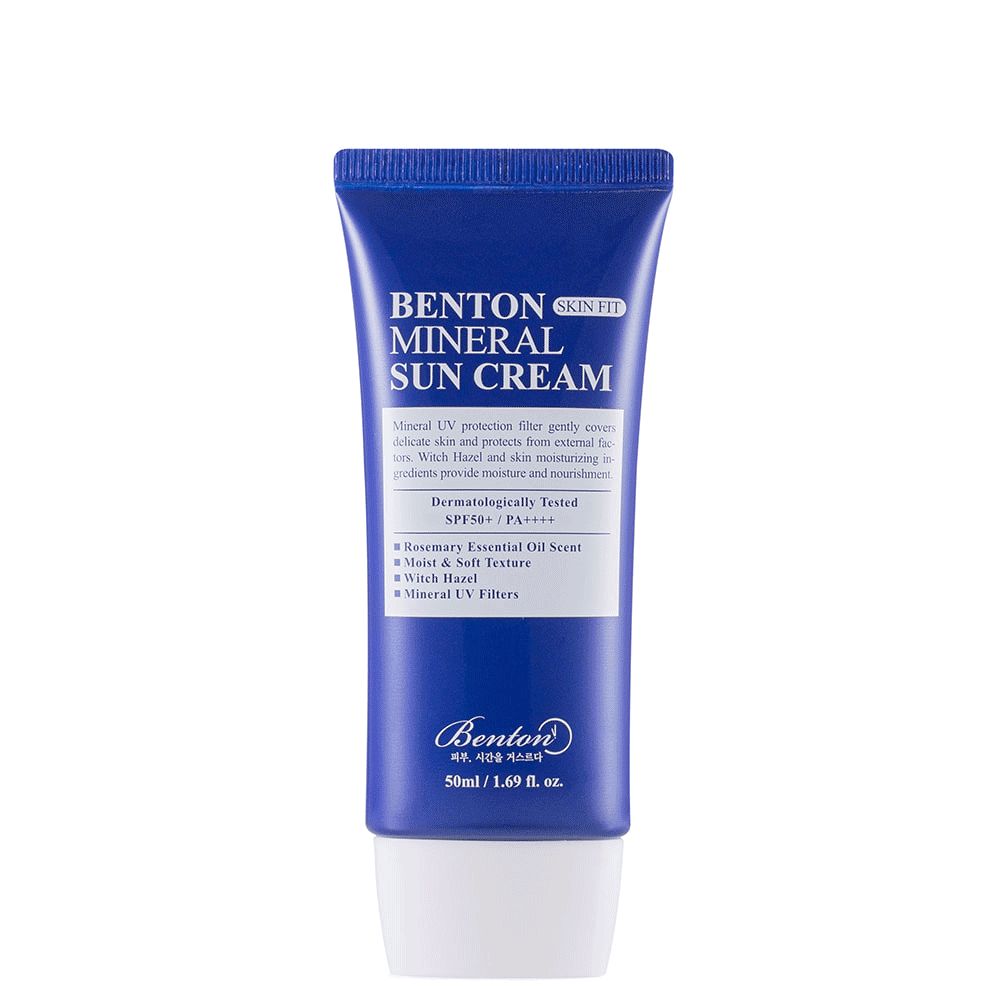 Benton Mineral Sun Cream Tube mit SPF50+ PA++++. Enthält Mineral UV-Schutzfilter und Witch Hazel.