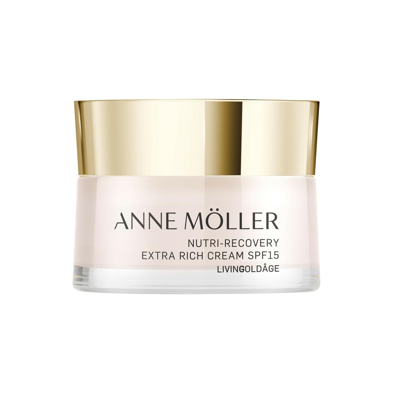 Creme-Glas mit goldenem Deckel. Aufschrift: ANNE MÖLLER, Nutri-Recovery, Extra Rich Cream SPF15, Livingoldâge.