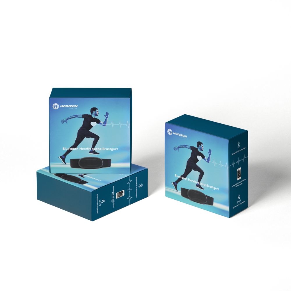 Drei blaue Produktverpackungen. Aufdruck: Läufer, Herzfrequenzgurt, Bluetooth. Marke Horizon.