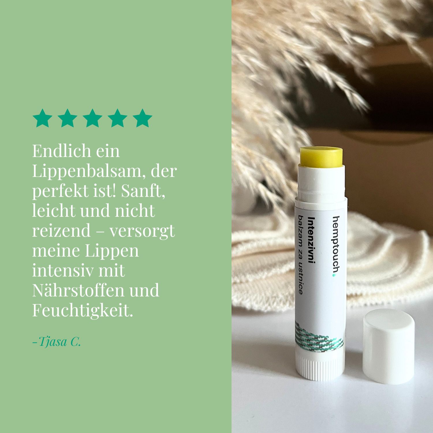 Ein Lippenbalsam-Stift mit gelbem Inhalt und weißem Gehäuse. Beschriftung: 'hemptouch, Intenzivni balzam za ustnice'.
