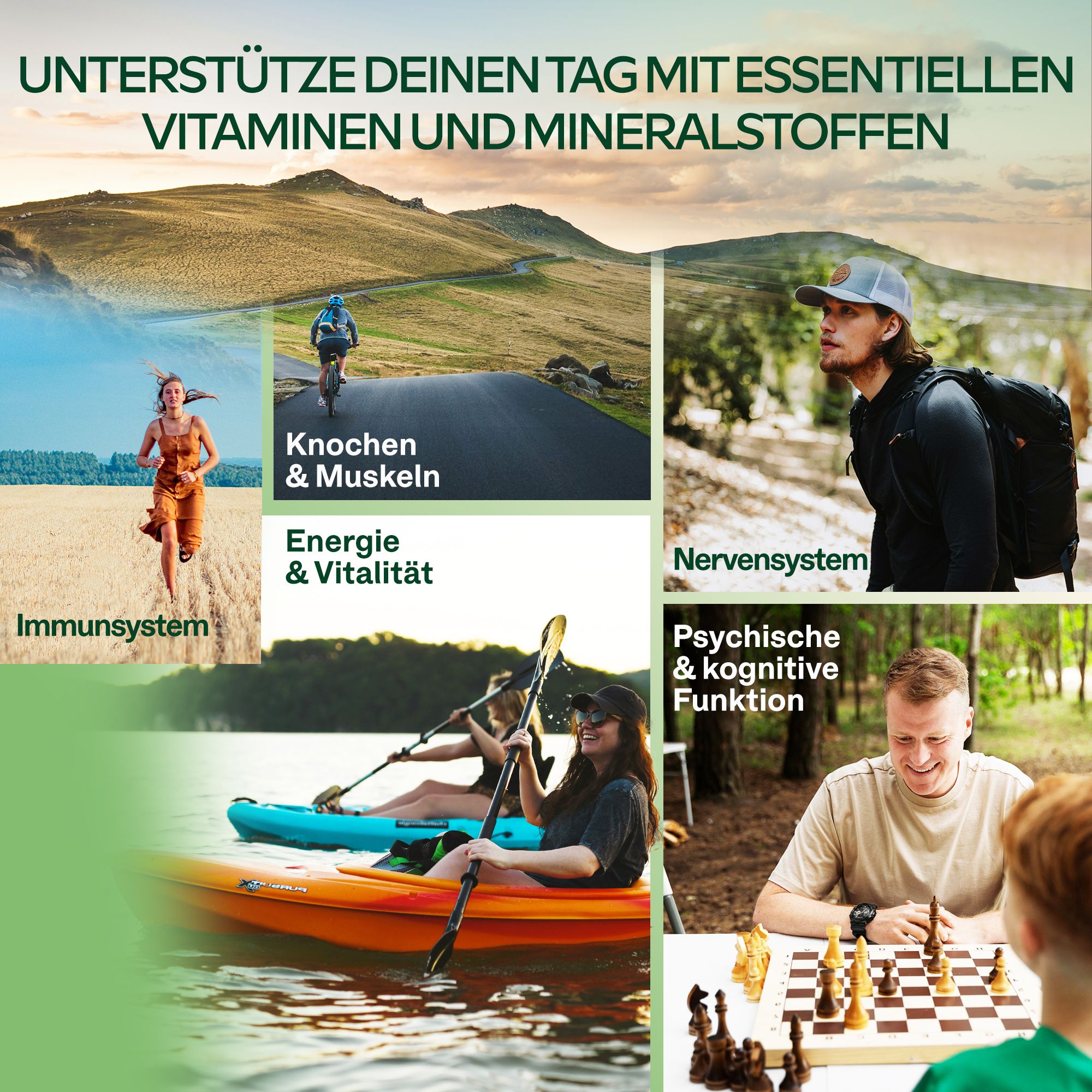 Bilder von Menschen in verschiedenen Aktivitäten. Aufschrift: Immunsystem, Knochen & Muskeln, Energie & Vitalität, Nervensystem.