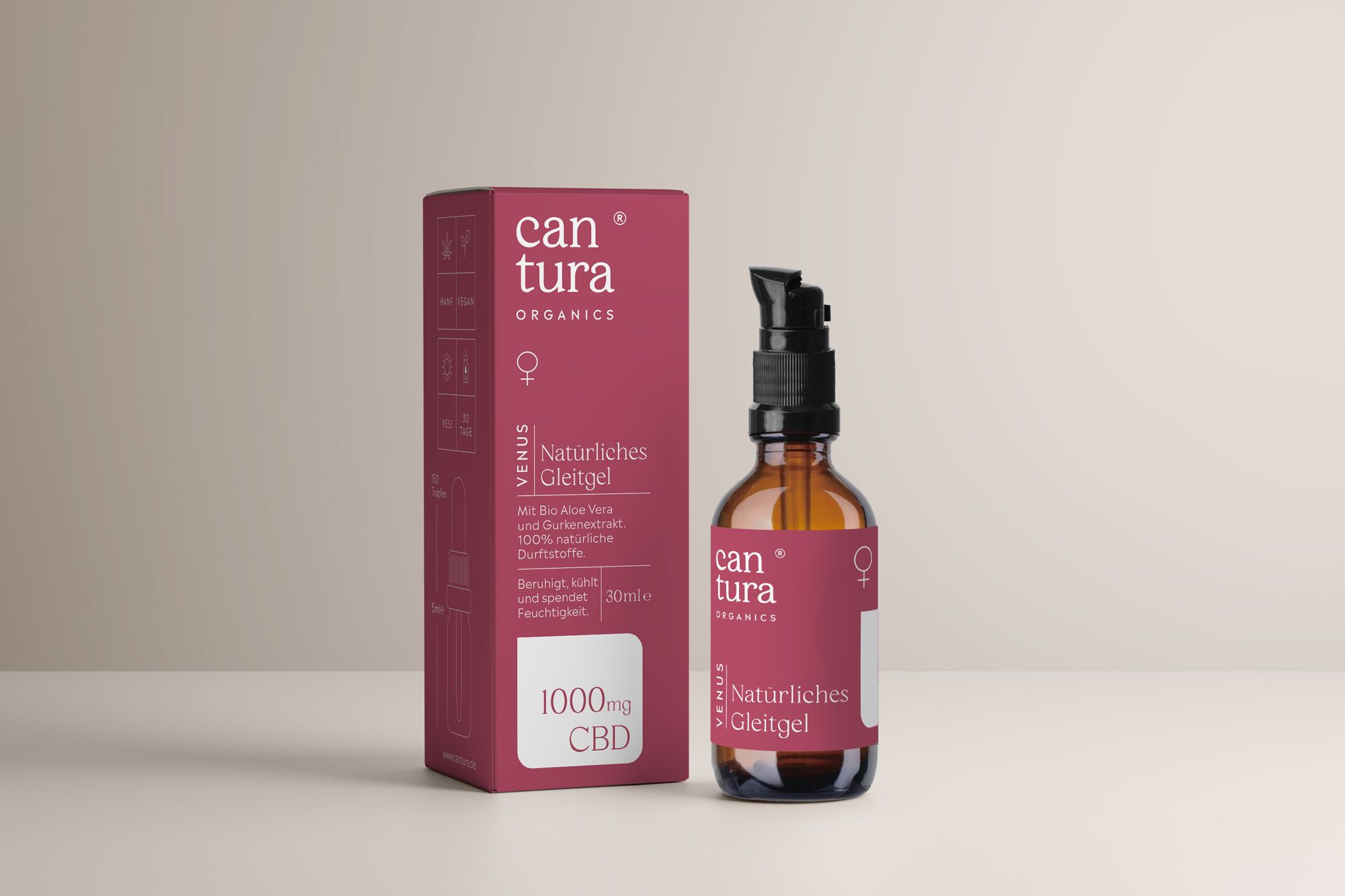 Braune Flasche mit schwarzem Pumpkopf und Verpackung. Aufschrift: Cantura, 1000mg CBD.