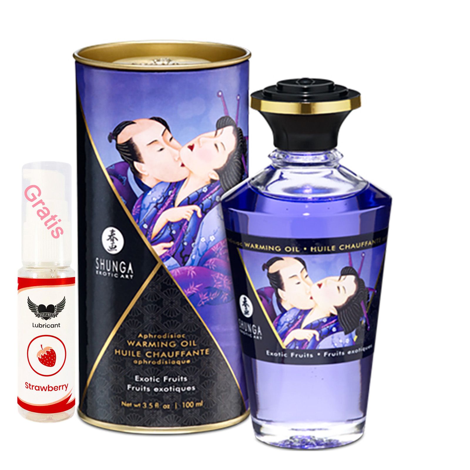 Eine Flasche Massageöl mit lila Flüssigkeit, daneben eine zylindrische Verpackung und eine kleine Flasche mit Erdbeer-Lubricant.