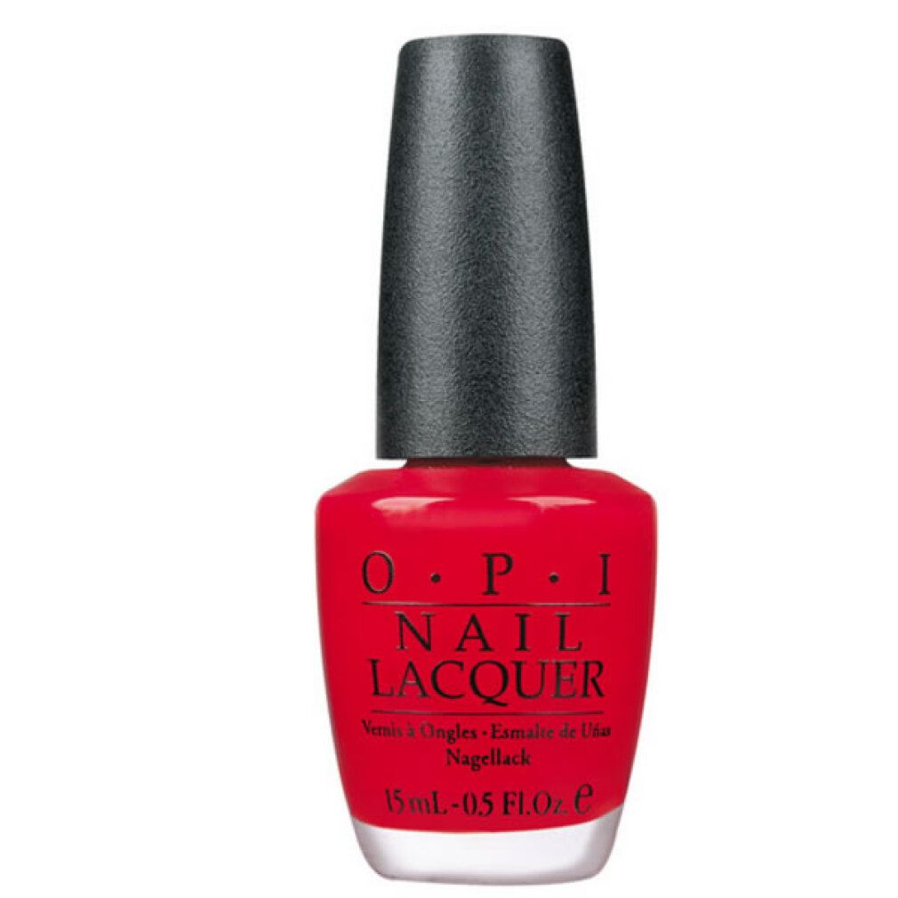 Rote Nagellackflasche mit schwarzem Deckel. OPI Nail Lacquer Schriftzug. Volumenangabe: 15 ml - 0.5 Fl Oz.