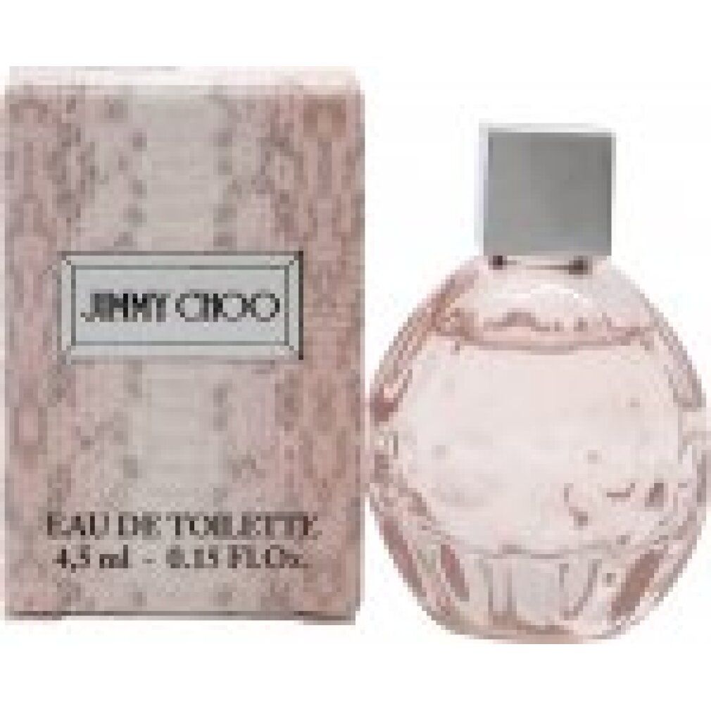 Parfümflakon und Verpackung. Flakon rund, rosa Flüssigkeit. Verpackung mit Schlangenmuster, Schriftzug Jimmy Choo.