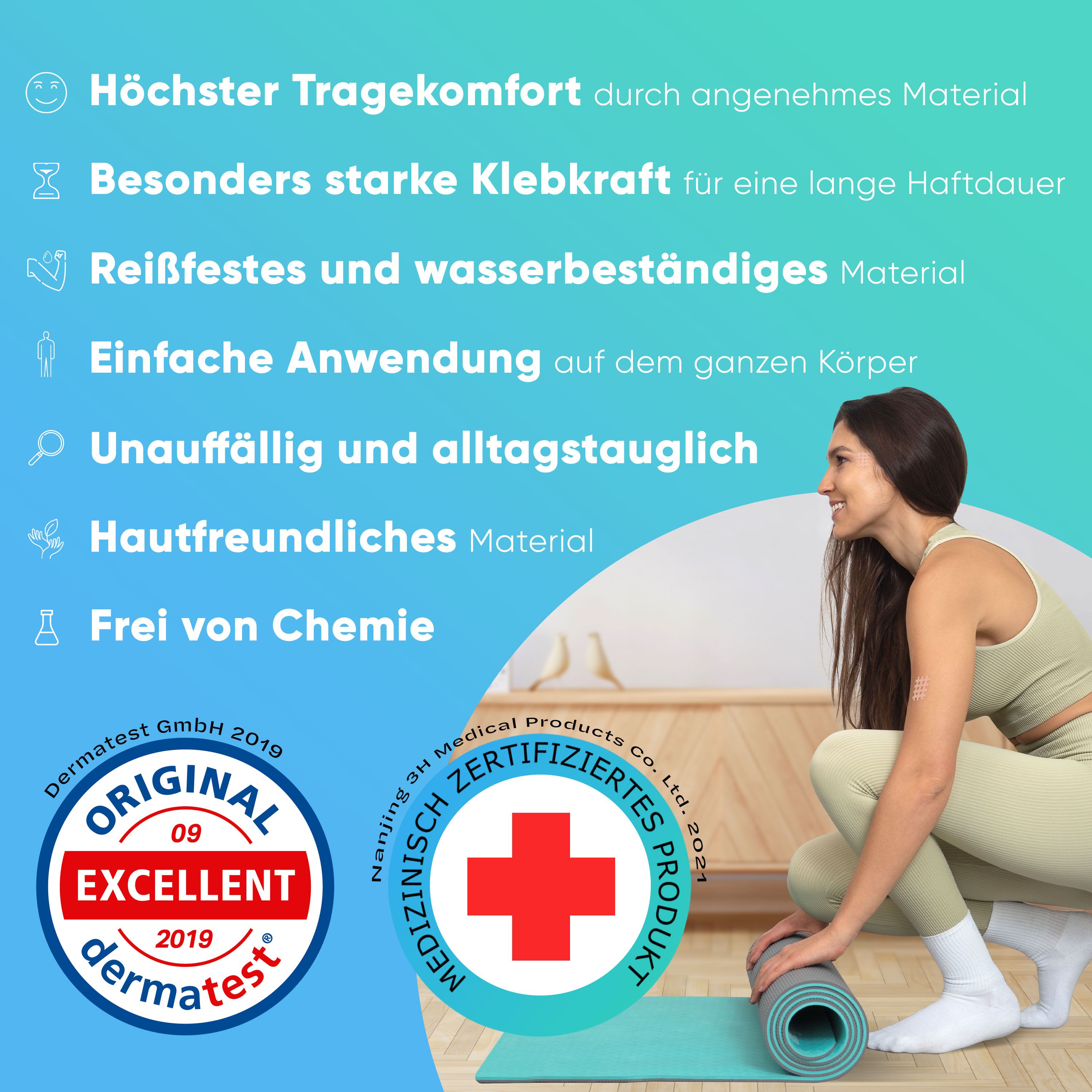 Frau mit Yogamatte. Text: Höchster Tragekomfort, starke Klebekraft, wasserbeständig, einfache Anwendung, hautfreundlich, frei von Chemie. Logos.