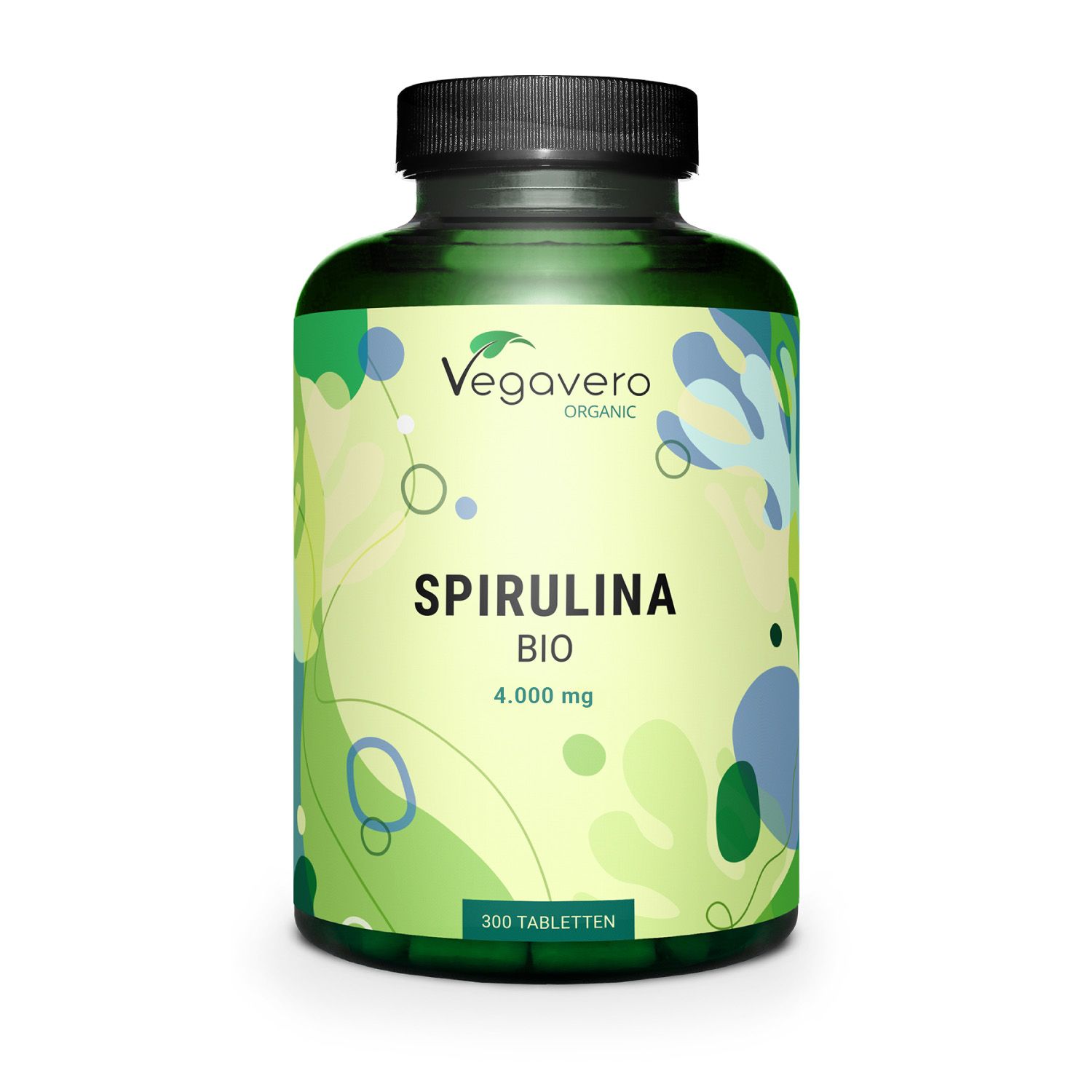 Grüne Glasflasche mit schwarzem Deckel. Aufschrift: Spirulina BIO 4.000 mg. 300 Tabletten. Vegavaro Organic.