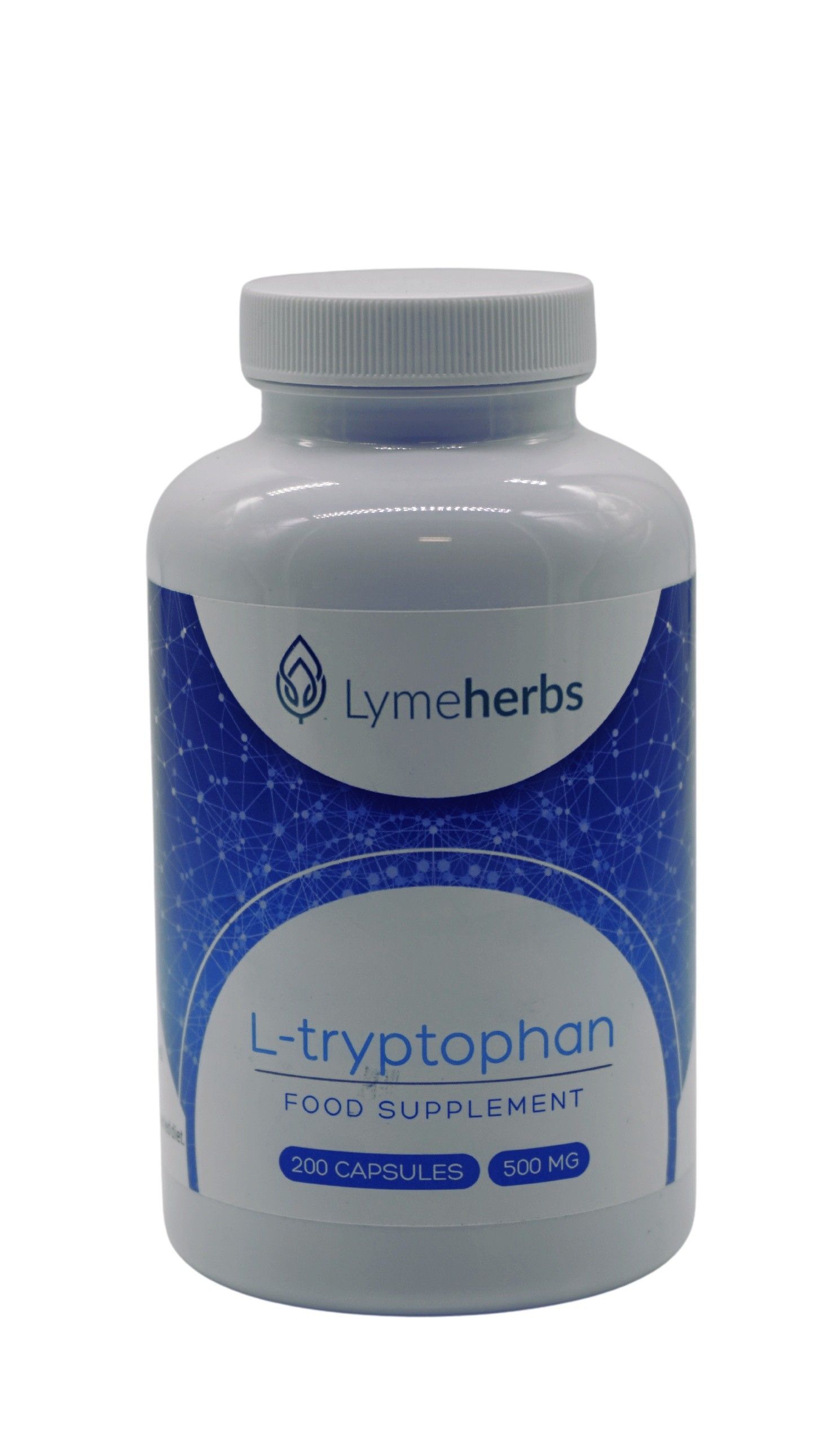Weiße Flasche mit blauem Etikett. Aufschrift: L-tryptophan, 200 Kapseln, 500 mg. Marke: Lymeherbs.