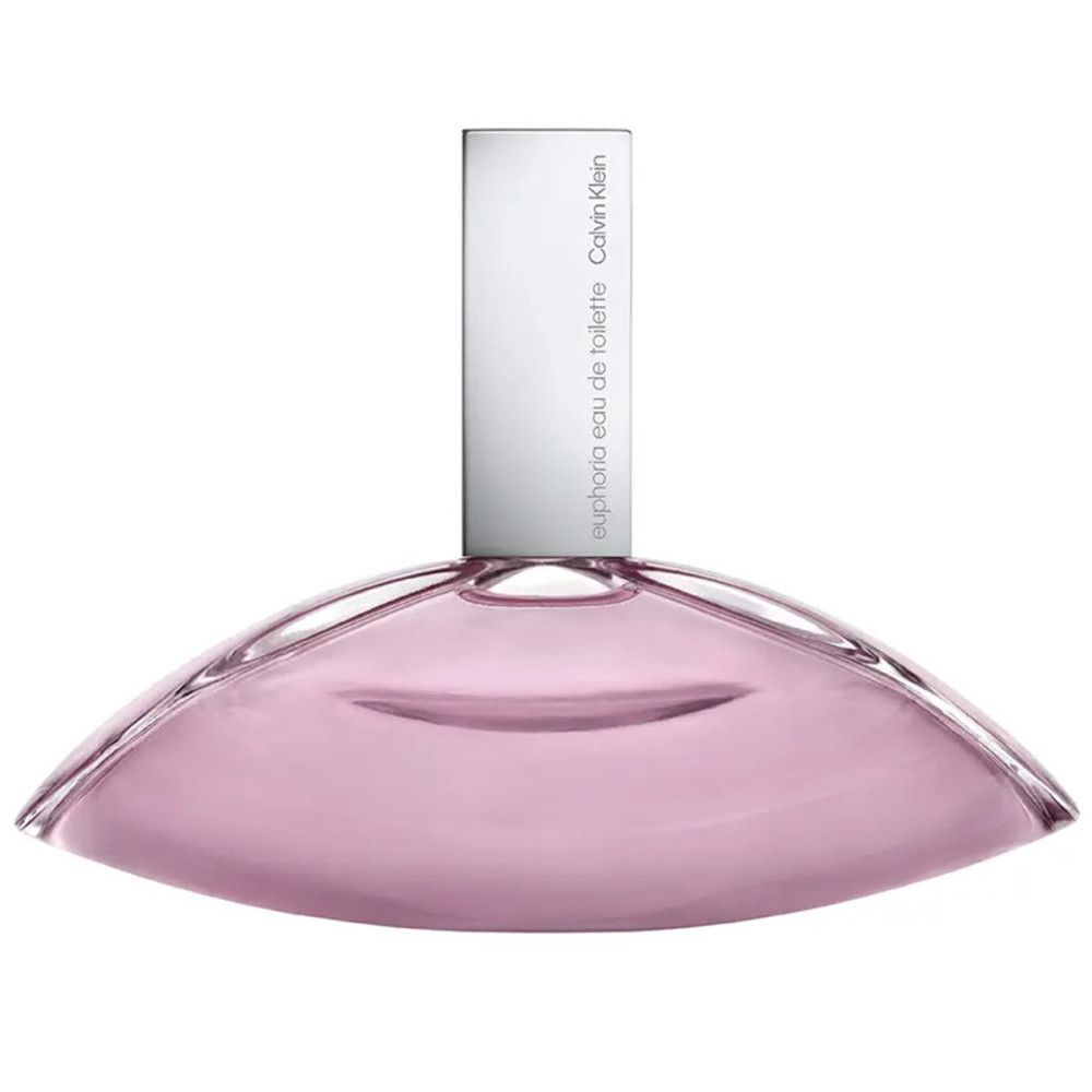 Rosa Flakon mit silbernem Verschluss. Aufschrift: "euphoria eau de toilette" und "Calvin Klein". Flakon in Tropfenform.