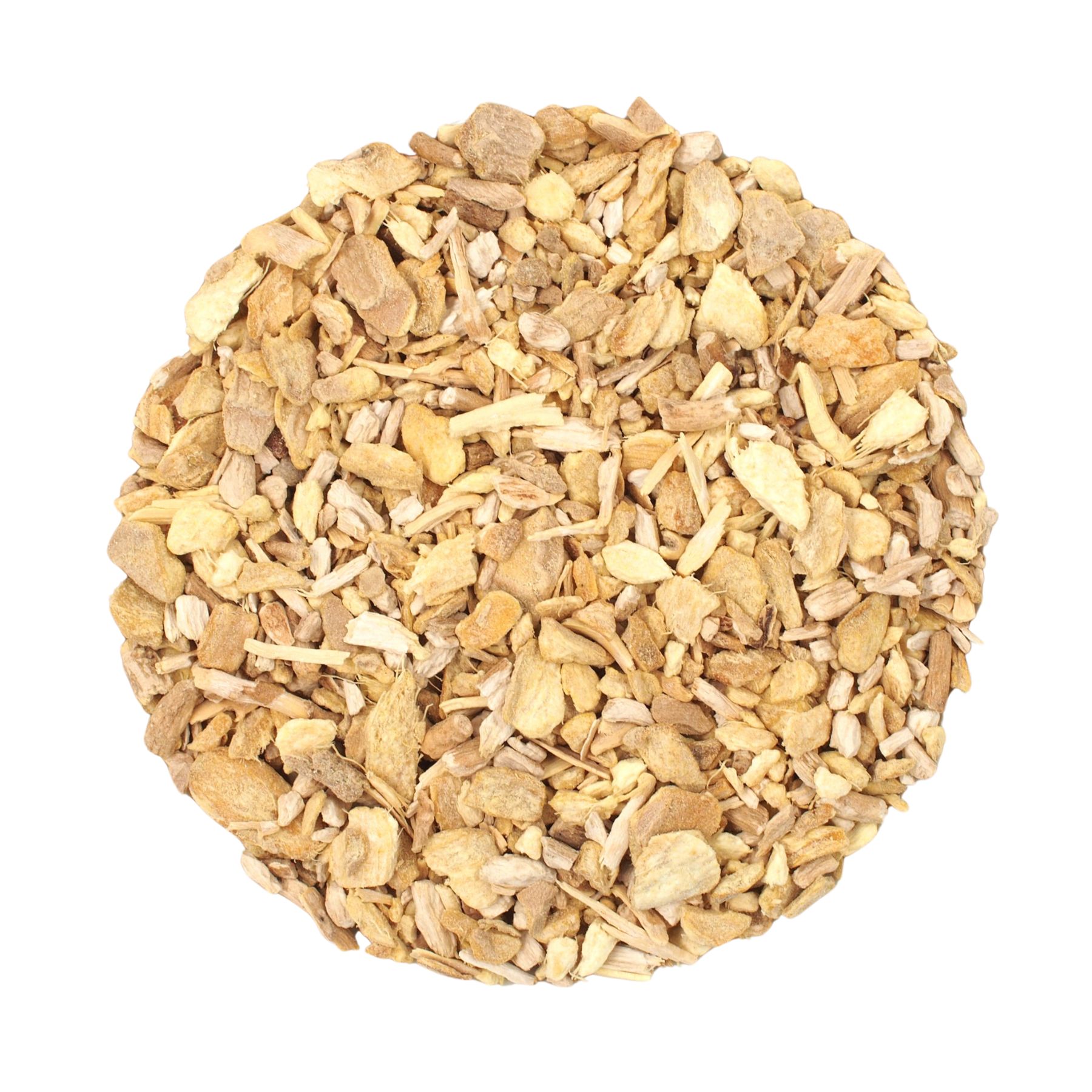 Kreisförmige Anordnung von getrockneten Ingwer- und Ashwagandha-Stücken. Helle, beige bis braune Farbtöne.
