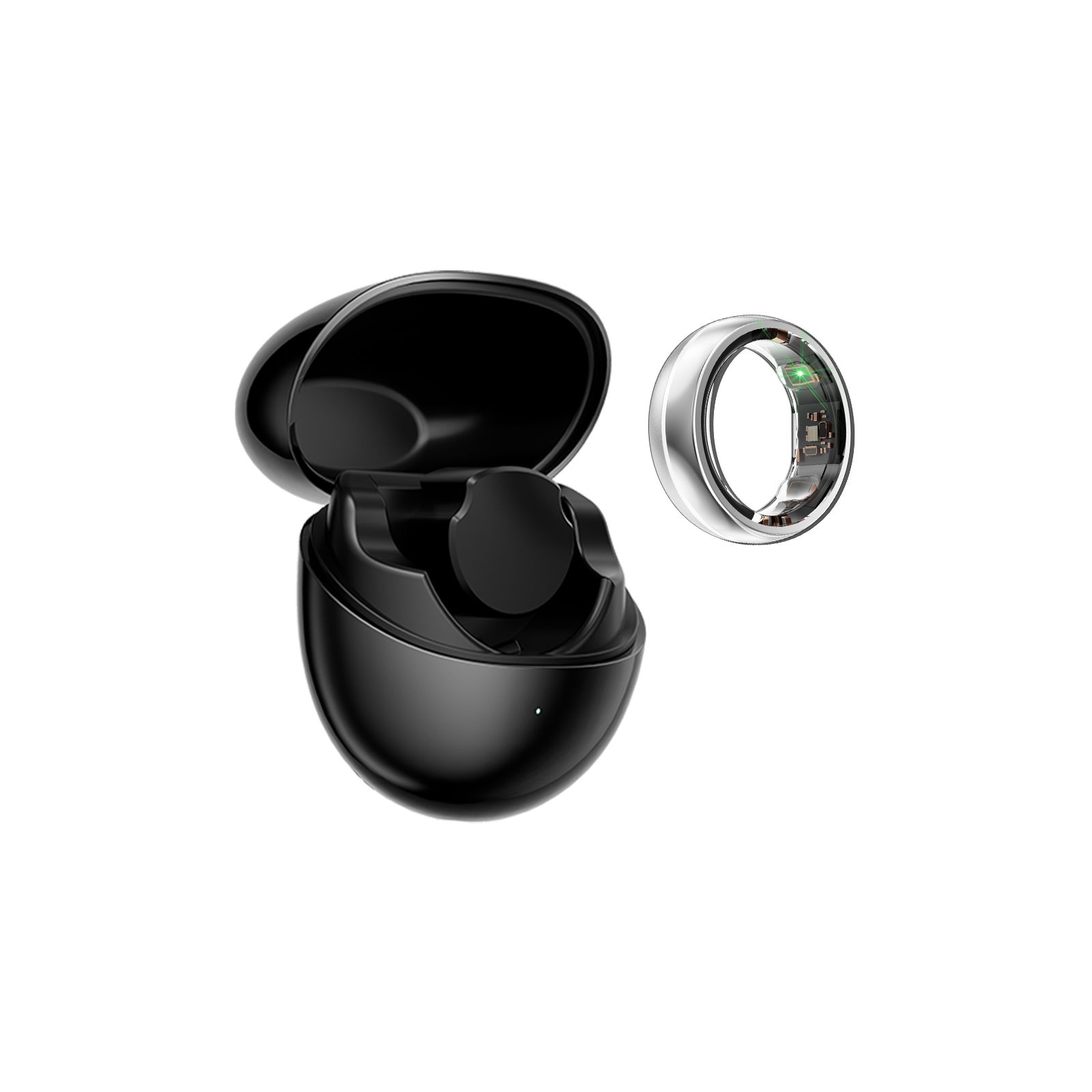 Schwarze Ladeschale mit offenem Deckel und silberner Ring. Der Ring hat eine Innenbeleuchtung.
