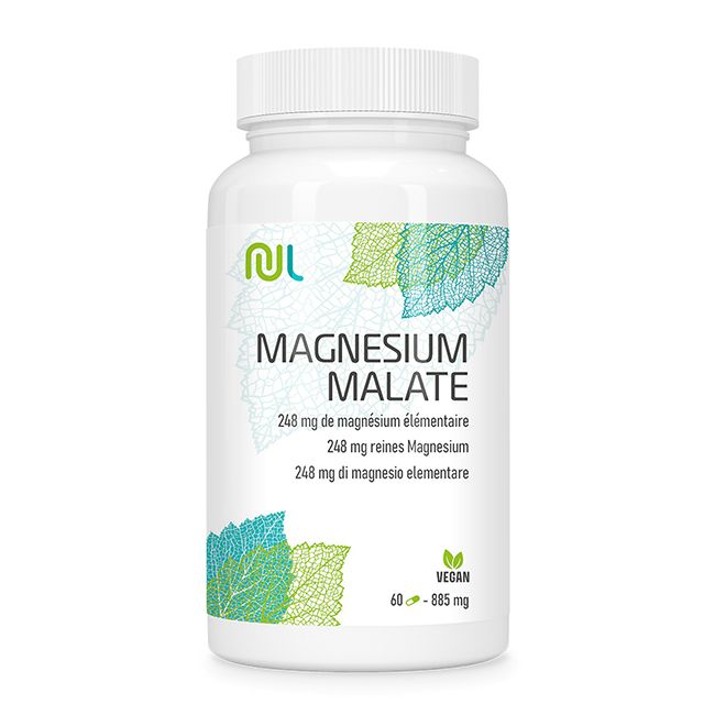 Weiße Flasche mit "Magnesium Malate"-Aufschrift. Enthält 60-885 mg. Vegan-Siegel.