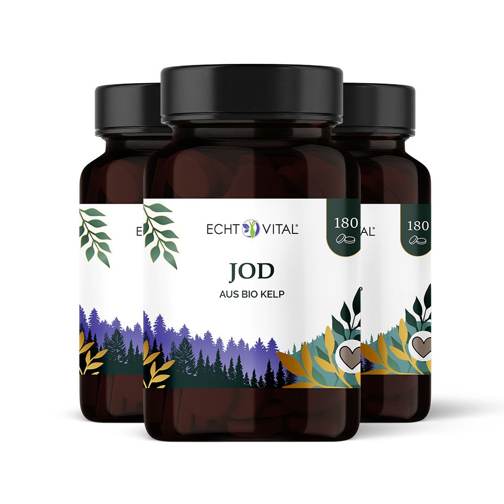 Drei braune Flaschen mit schwarzen Deckeln. Etikett "Echt Vital Jod aus Bio Kelp". Text: "180".