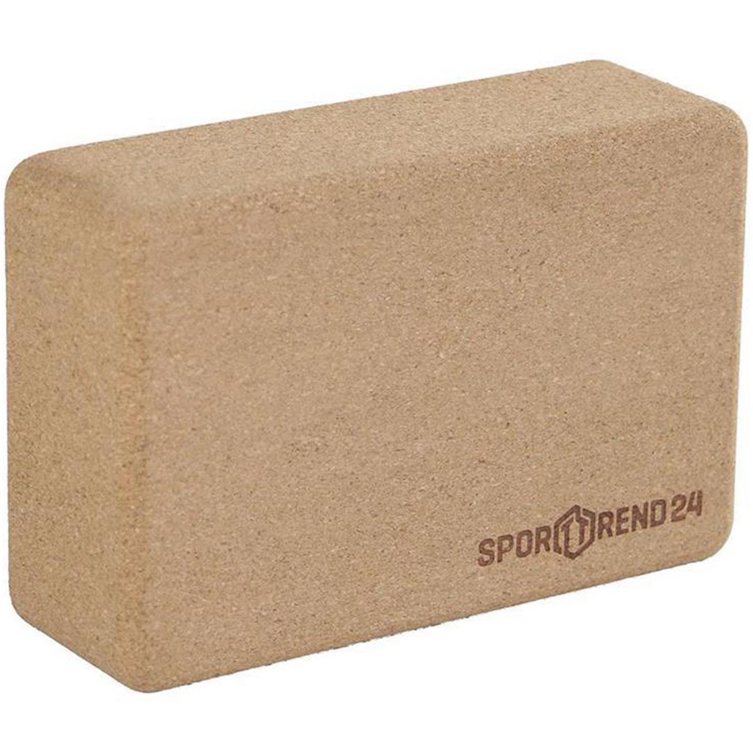 Rechteckiger Yoga-Block aus Kork. Logo Sporttrend24.