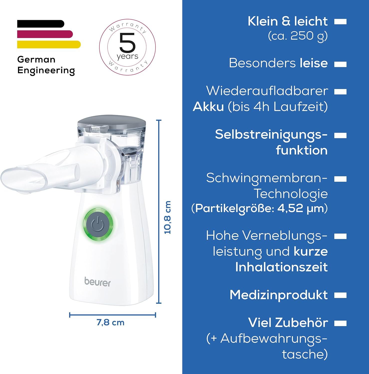 Weißer Inhalator, Maße: 7.8 x 10.8 cm. Mit Zubehör, Medizinprodukt. Text: Beurer. German Engineering. 5 Jahre Garantie.