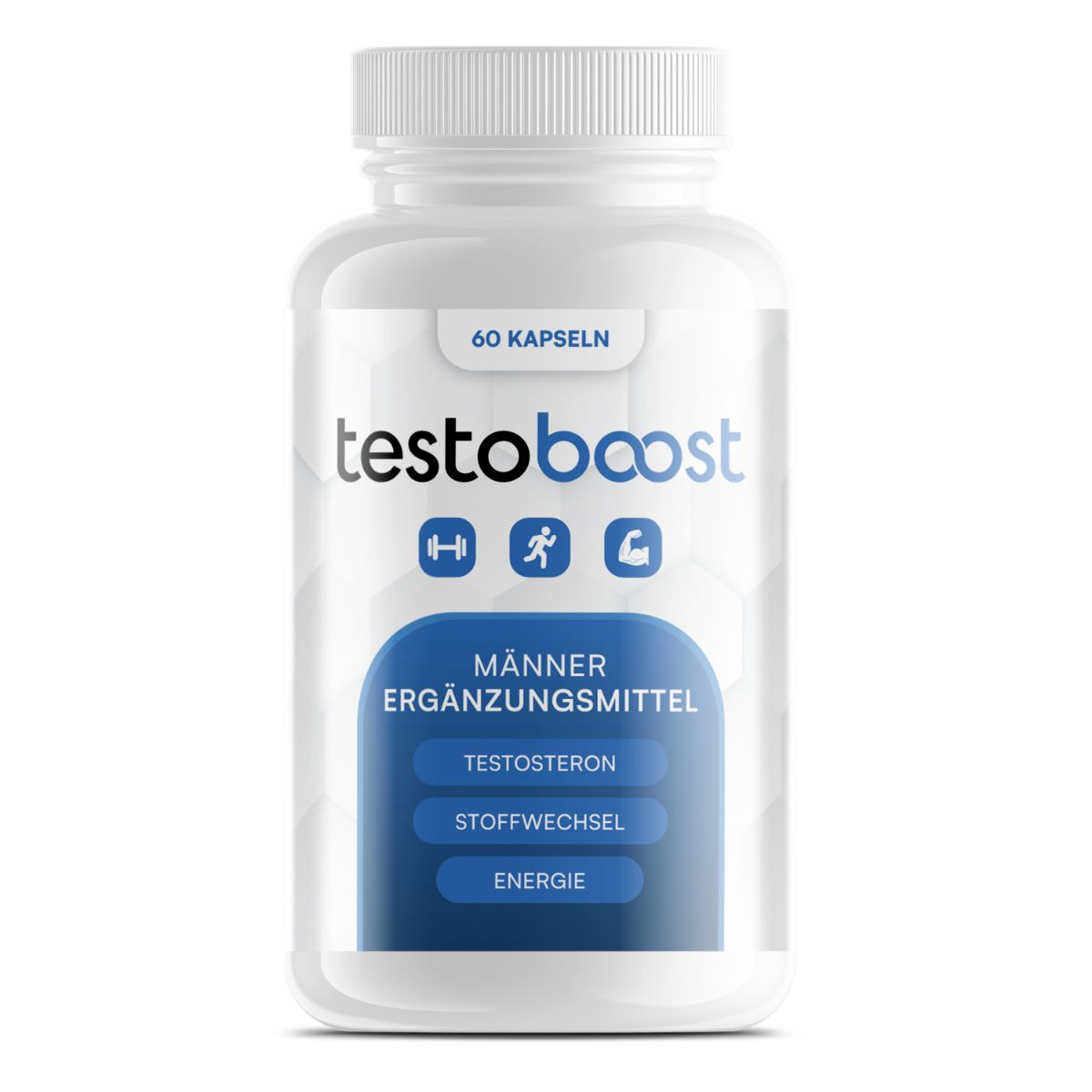 Eine Flasche Testoboost Männer-Ergänzungsmittel, 60 Kapseln, mit Maca und Guarana.