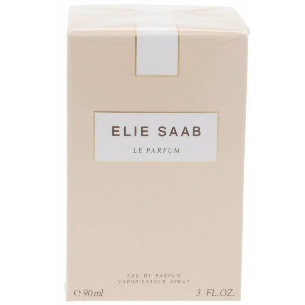 Beige rechteckige Verpackung mit weißem Etikett. Aufschrift: ELIE SAAB LE PARFUM. Unten: Eau de Parfum, Vaporisateur Spray, e 90 ml, 3 FL.OZ.
