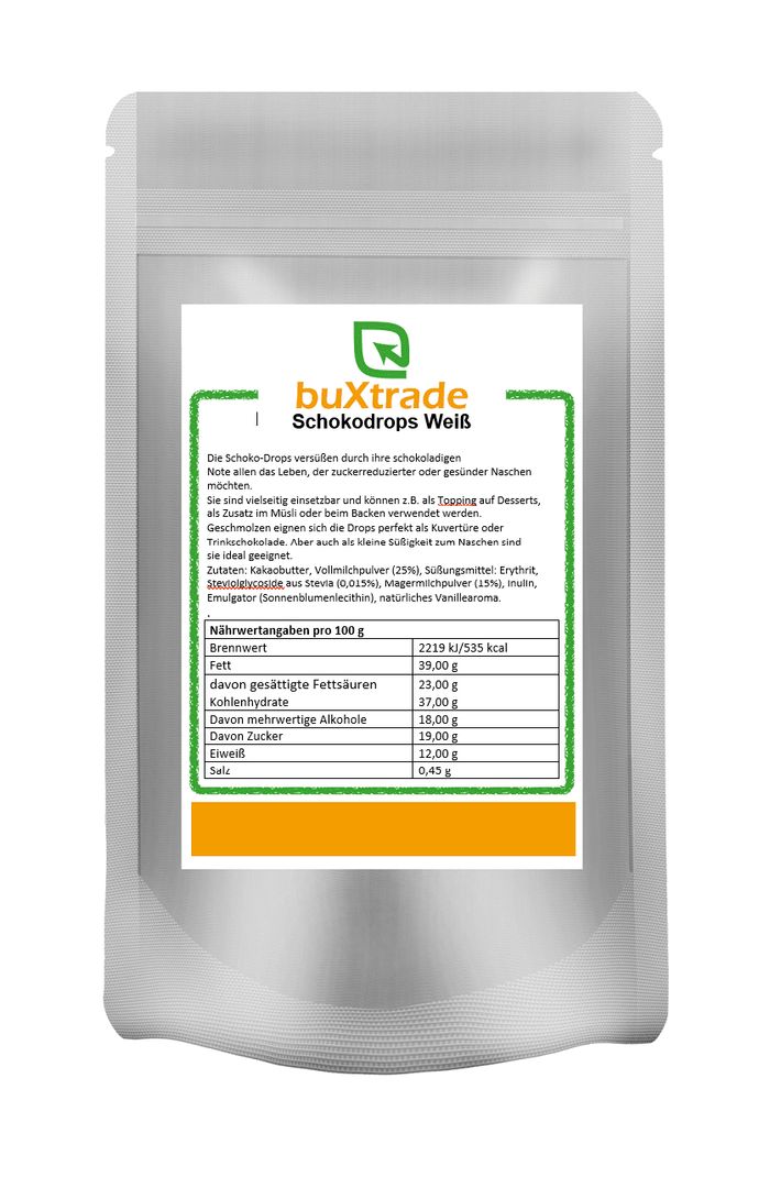 Beutel mit buXtrade Schokodrops Weiß. Aufdruck mit Nährwertangaben. Zutaten: Kakaobutter, Vollmilchpulver, Süßungsmittel, Emulgator, natürliches Vanillearoma.