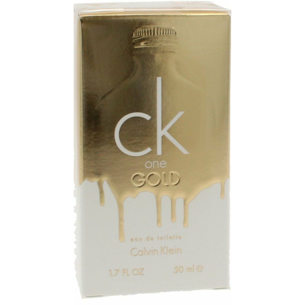 Goldene Verpackung mit "ck one Gold". Flasche mit "ck one" und "Calvin Klein". 1.7 FL OZ und 50 ml.