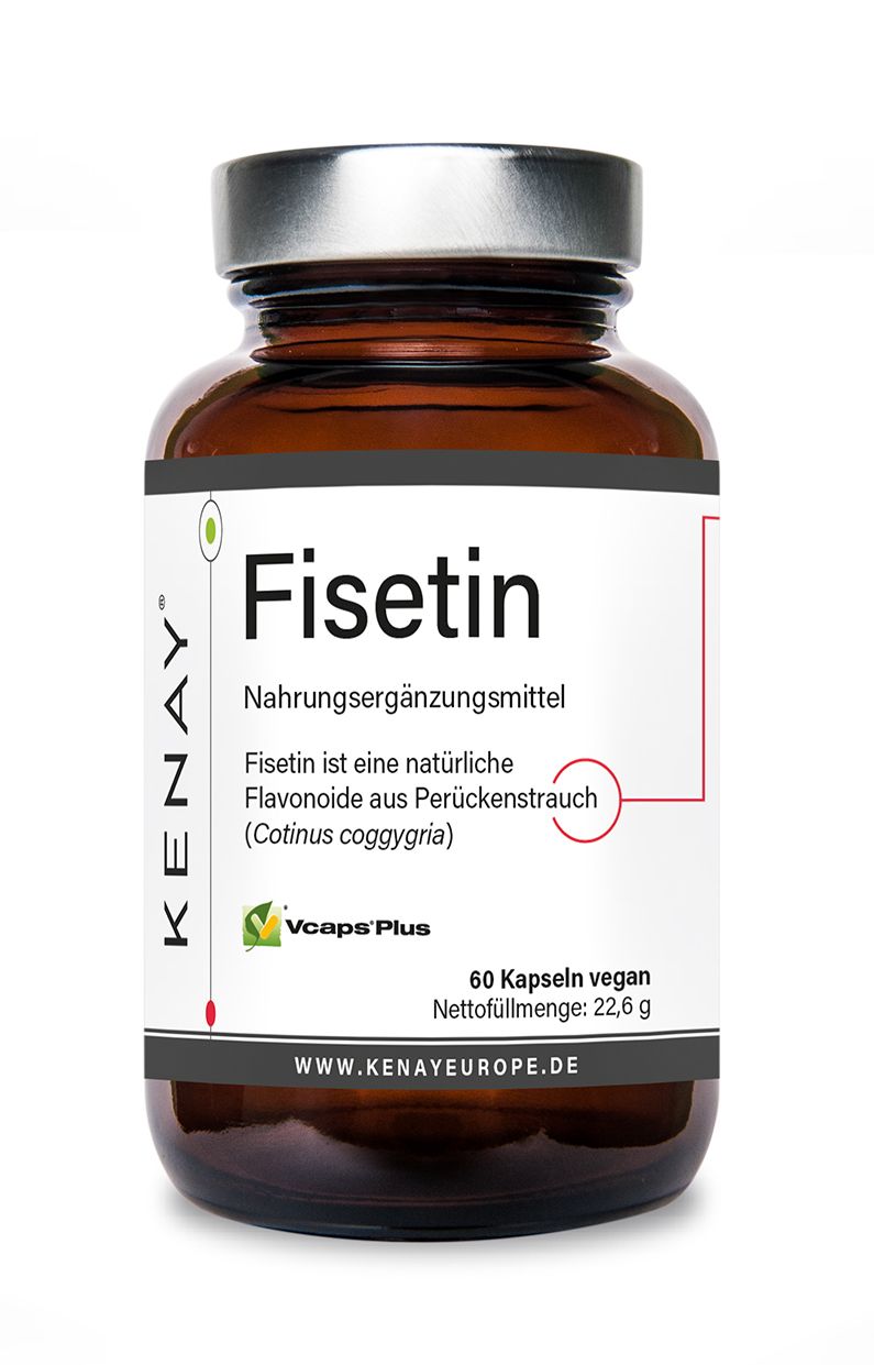 Braune Glasflasche mit weißem Etikett. Aufschrift: Fisetin, Nahrungsergänzungsmittel, 60 Kapseln vegan. Marke KENAY.