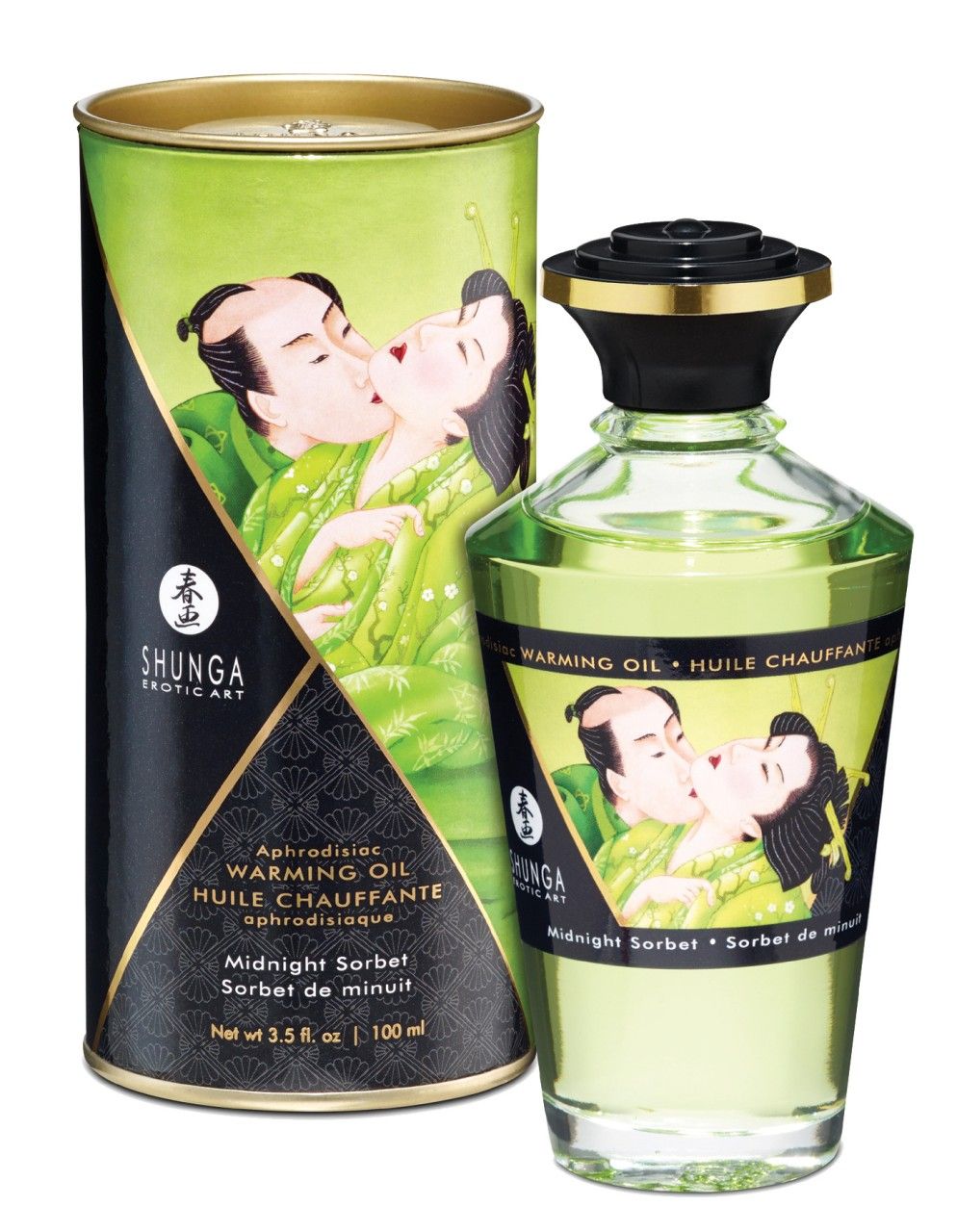 Glasflasche und Dose mit Etikett. Abbildung eines küssenden Paares. Aufschrift: Shunga, Warming Oil, Midnight Sorbet.