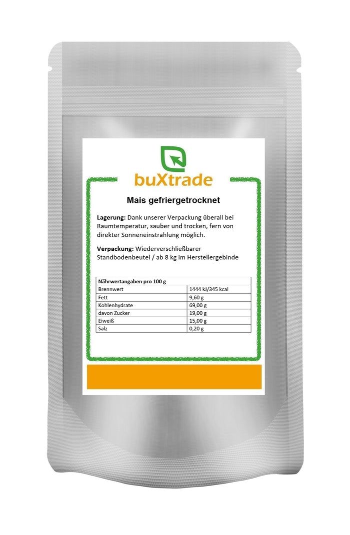 Beutel mit Mais gefriergetrocknet. Aufdruck mit Nährwertangaben und Marke buXtrade.