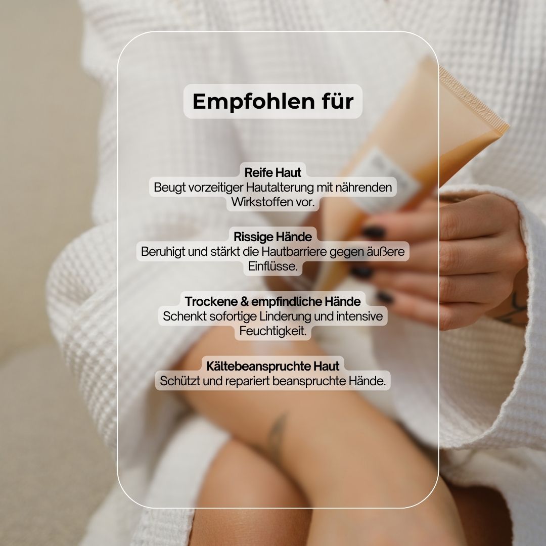 Handcreme-Tube neben Text. Text: Empfohlen für: Reife Haut, rissige Hände, trockene & empfindliche Hände, kältebeanspruchte Haut.